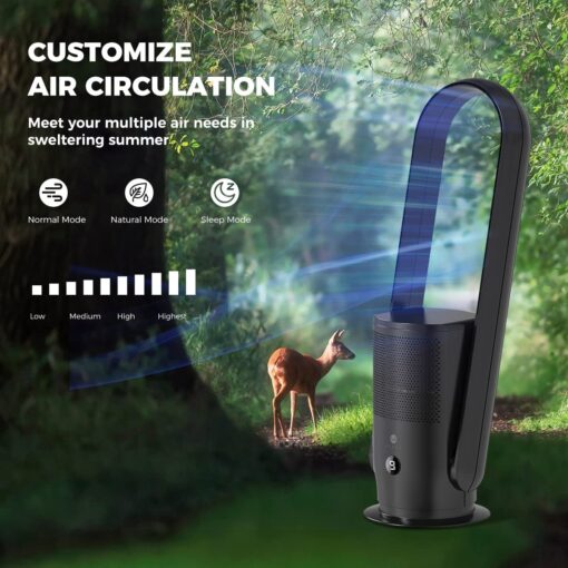 ULTTY Bladeless Tower Fan with HEPA Filter, 90° Oscillating Tower Fan, Remote Control, Touch, 8H Timer, 9 Speeds, Powerful Floor Fan for Bedroom Room Home Office, CR022, Black - Image 6