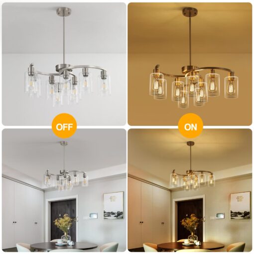 CNRATYE 9-Light Brushed Nickel Glass Chandelier, Adjustable Height Hanging Industrial Dining Room Chandelier Over Table, Modern Farmhouse Chandelier for Kitchen Island Living Room Entryway Bedroom - Image 4