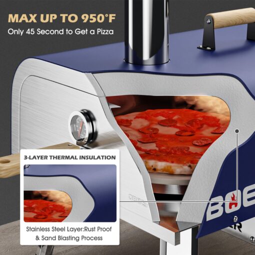 ABORON Pizza Oven Outdoor,13"Multi-Fuel Rotatable Pizza Ovens,Portable Wood Fired and Gas Pizza Oven,Stainless Steel 3-Layer Oven,Pizza Maker with Built-in Thermometer,Pizza Cutter & Carry Bag - Image 3