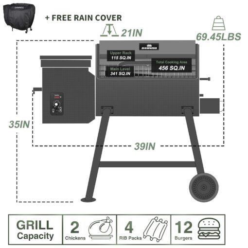 DAMNISS Grills DAPG-03 Electric Wood Pellet Smoker Grill, 456 SQ.IN Cook Area Pellet Grill with Auto Feed & PID Temperature Control (180-450°F), 8 in 1 BBQ Grill for Backyard Outdoor - Image 6