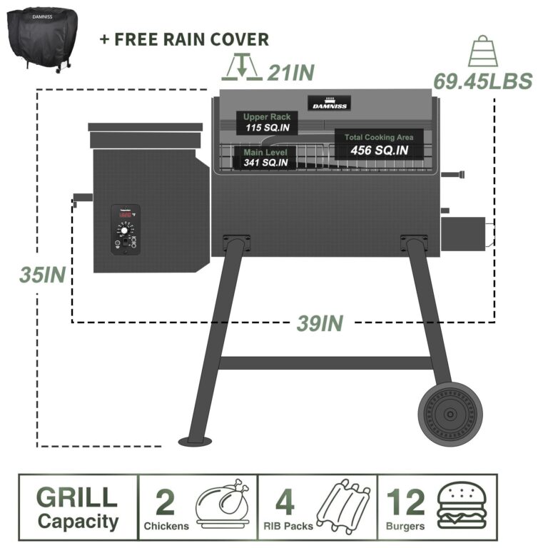 DAMNISS Grills DAPG-03 Electric Wood Pellet Smoker Grill, 456 SQ.IN Cook Area Pellet Grill with Auto Feed & PID Temperature Control (180-450°F), 8 in 1 BBQ Grill for Backyard Outdoor - Image 6