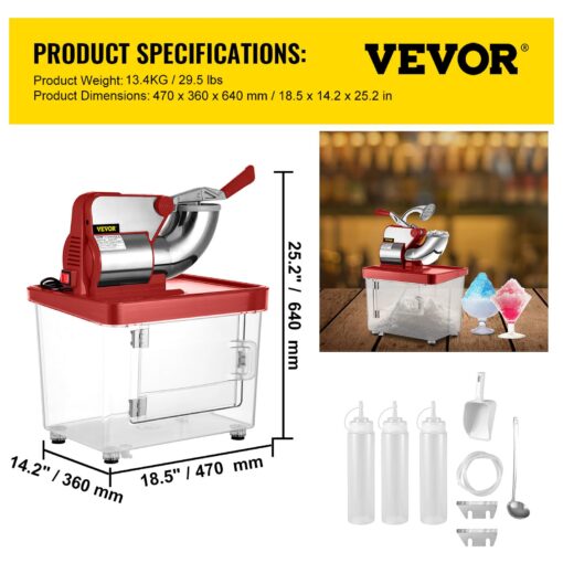 VEVOR 110V Commercial Ice Crusher 661LBS/H, ETL Approved 300W Electric Snow Cone Machine with Dual Blades, Stainless Steel Shaved Ice Machine with Safety On/Off Switch for Family, Restaurants, Bars - Image 8