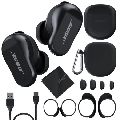 Bose QuietComfort Earbuds II Bundle with Protective Silicone Carrying Case and Cloth - Active Wireless Noise Cancelling in-Ear Bluetooth Headphones with Personalized Sound, Bose Earbuds 2 (Black)