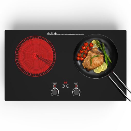 Electric Cooktop,110V 2400W Electric Stove Top with LCD Touch and Knob Control,Built-in and Countertop 2 Burner Electric Cooktop with 11 Power Levels, Kids Lock & Timer,Overheat Protection.