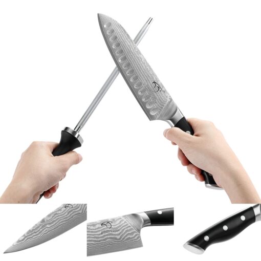 NANFANG BROTHERS Knife Sets, 9 Pieces Damascus Kitchen Knife Set with Block, ABS Ergonomic Handle for Chef Knife Set, Knife Sharpener and Kitchen Shears, Knife Block Set - Image 6