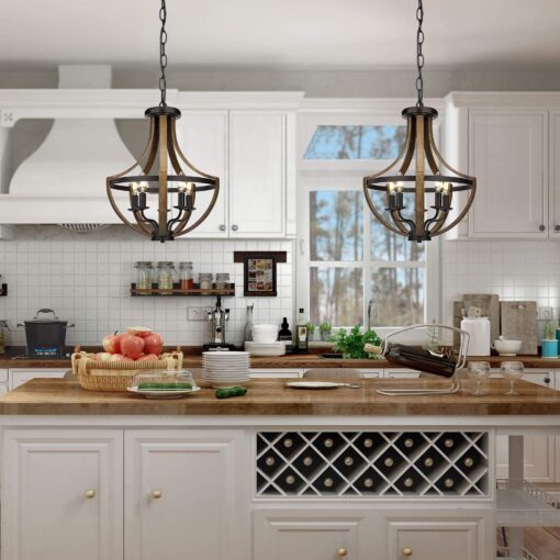 17.7" Modern Farmhouse Geometric Chandelier Light Fixture, 5-Light Adjustable Height Rustic Hanging Pendant Lighting for Dining Room Foyer Kitchen Island, ‎Retro Wood Texture and Black Finish - Image 7