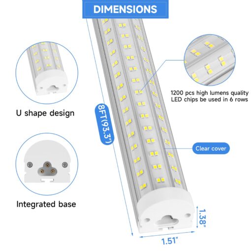 Phiwicsh 8FT LED Shop Light, U Shape 125W Integrated LED Tube Light, 6500K Clear White, 20000LM Super Bright LED Lighting, Flush Mount/Hanging Linkable LED Ceiling Lights for Garage, Plug&Play,6 Pack - Image 6