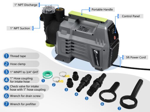 FLUENTPOWER 1.5HP Automatic Garden Booster Pump with Integrated Prefilter, 1300GPH, Lift 150FT, Portable Shallow Well Jet Pump, Water Transfer Draining Pump for Home Garden Lawn Sprinkler Irrigation - Image 2