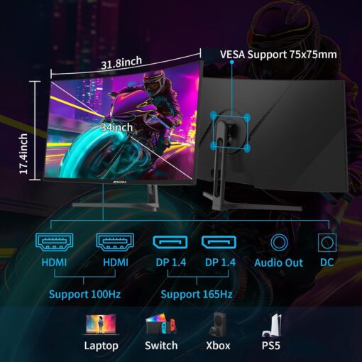 SANSUI 34-Inch Curved Gaming Monitor UWQHD 3440 x 1440 165Hz Curved 1500R - PIP/PBP, 1ms(MPRT), HDR, 300nits, sRGB 125%, DCI-P3 95%,FreeSync,HDMI x2,DP1.4 x2 (ES-G34C5 DP Cable Included) - Image 8