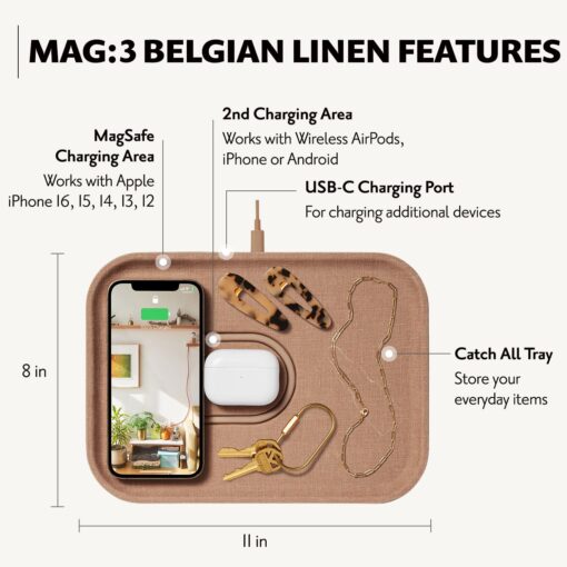 COURANT MAG:3 Charger and Tray - Belgian Linen, Multi-Device Charger Compatible with MagSafe iPhones 16, 15, 14, 13, 12 or Wireless AirPod Cases (Camel) - Image 5