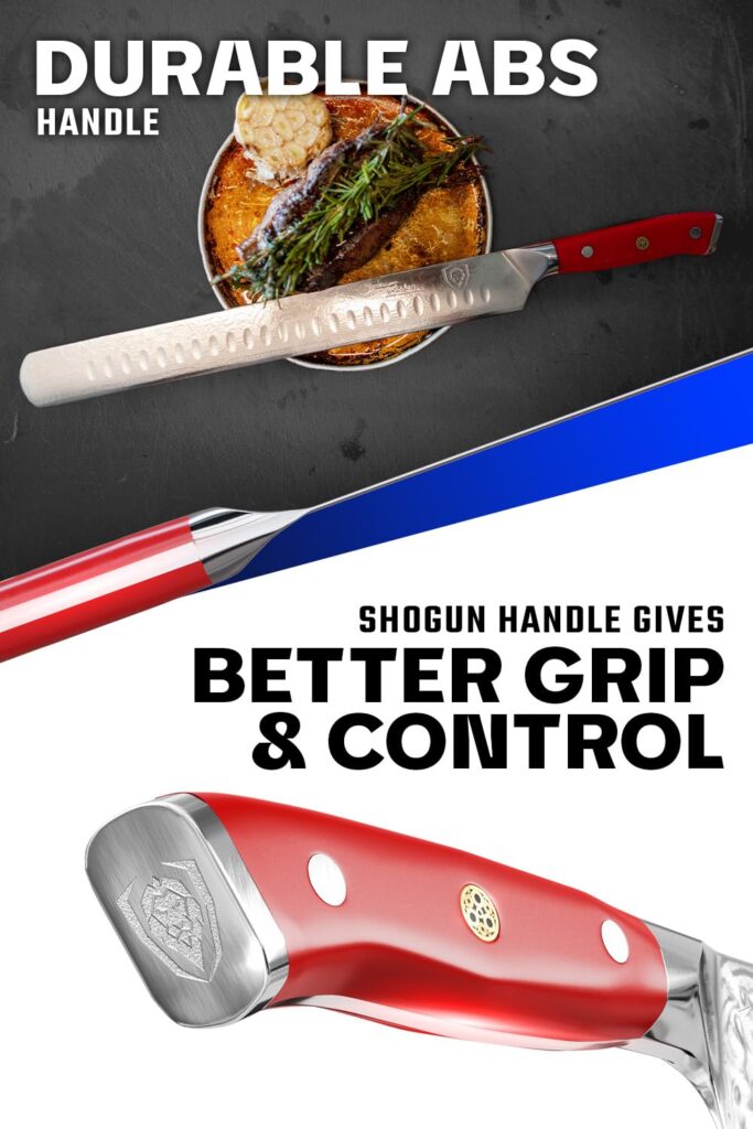 Dalstrong Slicing Carving Knife - 12 inch Granton Edge - Shogun Series - Damascus - Japanese AUS-10V Super Steel Kitchen Knife - Vacuum Treated - Crimson Red ABS Handle - Razor Sharp Knife - w/Sheath - Image 5