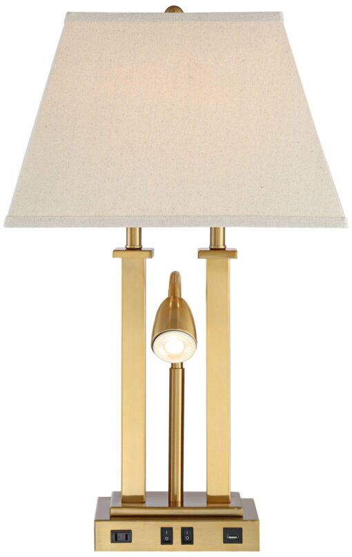 Possini Euro Design Deacon Modern Desk Table Lamp with USB and AC Power Outlet in Base LED Gooseneck 26" High Antique Brass Oatmeal Linen Drum Shade for Living Room Bedroom Bedside Nightstand - Image 4
