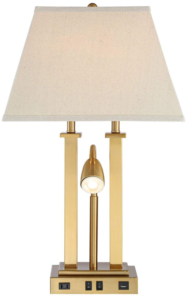 Possini Euro Design Deacon Modern Desk Table Lamp with USB and AC Power Outlet in Base LED Gooseneck 26" High Antique Brass Oatmeal Linen Drum Shade for Living Room Bedroom Bedside Nightstand - Image 4