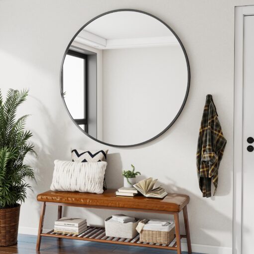 VooBang Black Round Bathroom Mirror, 48 inch Circle Modern Wall Mirror with Simple Metal Frame, Hanging for Bathroom, Hallway, Living Room, Black Frame - Image 2