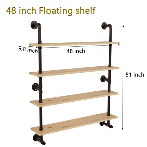ROGMARS Industrial Pipe Wall Shelves Shelving with Real Wood Plank,48 Inches Floating Shelf for Wall Farmhouse Book Shelves Dark Brown 4 Tier for Kitchen,Living Room Decor and Bar Shelving - Image 5
