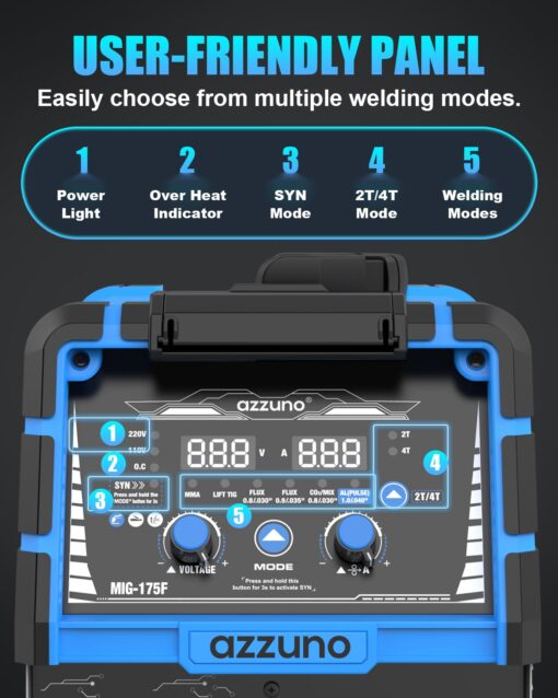 AZZUNO Single PULSE Aluminum MIG Welder Machine 175Amp, 110V 220V 5-in-1 Multiprocess Welding Machine with PULSE Aluminum MIG/Flux MIG/Gas MIG/Stick/Lift TIG Welding, Wire Feed Welder - Image 3