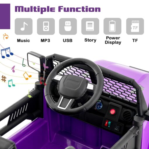 OLAKIDS Kids Ride On Truck, 12V Electric Vehicle Jeep Car with Remote Control, Toddlers Battery Powered Toy with 2 Speeds, Spring Suspension, Double Open Doors, LED Light, Music, TF, USB, Mp3 (Purple) - Image 7