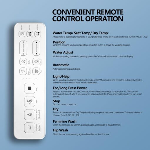 WLJBIDET Upgrade Smart Bidet Toilet Seat Elongated, Electronic Heated Bidet with Adjustable Warm Air Dryer, Unlimited Warm Water, Night Light, Slow Close Seat & Lid, Remote Control - Image 5