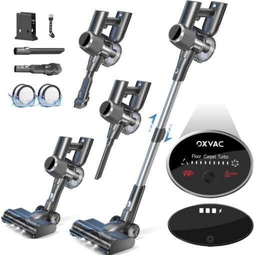 Cordless Vacuum Cleaner, 500W 45KPA 60 Mins Self-Standing Vacuum Cleaners for Home, Anti-tangle Stick Vacuum with Dual LED Screen, Rechargeable Cordless Vacuum for Pet Hair/Carpet/Floor (Deep Gray)
