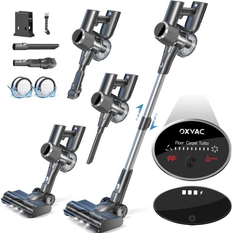 Cordless Vacuum Cleaner, 500W 45KPA 60 Mins Self-Standing Vacuum Cleaners for Home, Anti-tangle Stick Vacuum with Dual LED Screen, Rechargeable Cordless Vacuum for Pet Hair/Carpet/Floor (Deep Gray)