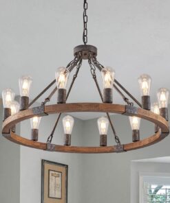 Benkut Farmhouse Wagon Wheel Chandelier 31" Black Rustic Light Fixtures 12-Light Wood Round Chandelier for Dining Room Living Room Entryway Foyer
