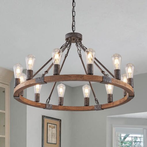Benkut Farmhouse Wagon Wheel Chandelier 31" Black Rustic Light Fixtures 12-Light Wood Round Chandelier for Dining Room Living Room Entryway Foyer