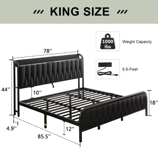 Feonase Leather King Size Bed Frame with Fast Charging Station,Metal Platform King Beds with Upholstered Headboard & Footboard,12" Underbed Storage Space, Easy Assembly,Noise-Free,Black - Image 7