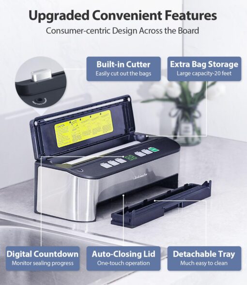 Vacuum Sealer Machine, Beelicious 85KPA Fully Automatic 8-IN-1 Food Sealer with Bags Storage, Build-in Cutter, Moist Mode and Air Suction Hose | Digital Countdown | Sous Vide - Image 6