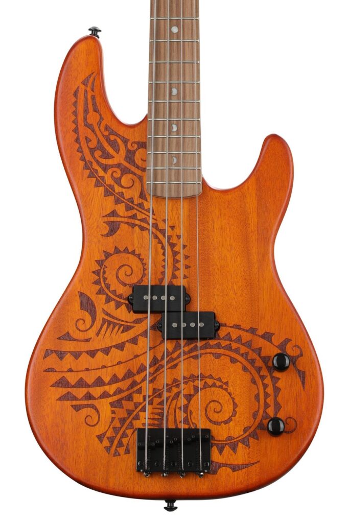 Luna Tattoo 34" Long Scale Electric Bass Guitar, Satin Natural