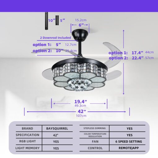 BAYSQUIRREL Retractable Crystal Ceiling Fan with Light, Bluetooth Ceiling Fans with Speaker and Remote/APP Control, 6 Speeds Reversible Blades, RGB-LED Dimmable Chandelier Ceiling Fan - Image 5