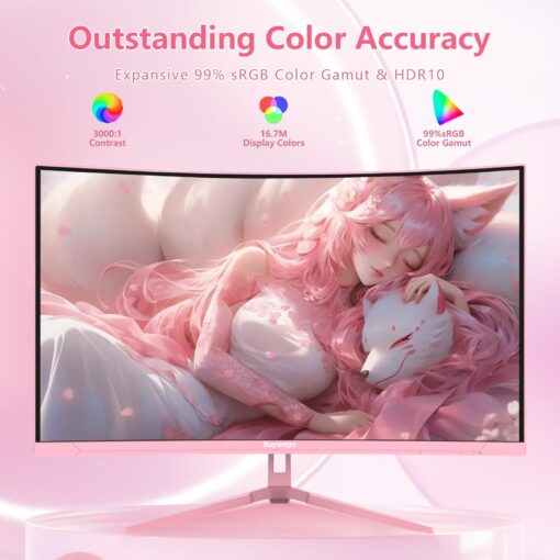 Raywego Pink 27 inch Curved Gaming Monitor 180Hz,FHD 1080P,1800R LED Display,Pink Computer Monitor,1ms (MPRT),FreeSync,Eye-Care Technology, DP, HDMI Port for Gaming Home Office,VESA(75mm*75mm) - Image 8