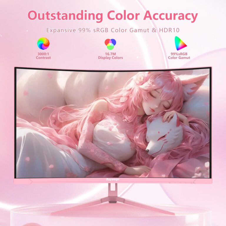 Raywego Pink 27 inch Curved Gaming Monitor 180Hz,FHD 1080P,1800R LED Display,Pink Computer Monitor,1ms (MPRT),FreeSync,Eye-Care Technology, DP, HDMI Port for Gaming Home Office,VESA(75mm*75mm) - Image 8
