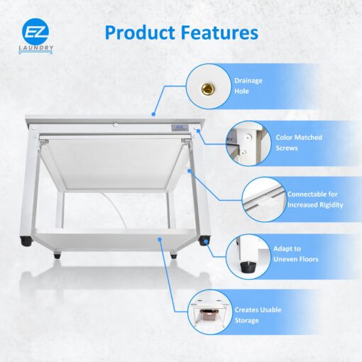 EZ Laundry - Laundry Pedestal for Washer/Dryer, 24" Anti-Vibration Steel Stand with Adjustable Feet Elevates 18", Includes Drain Pan & Hose Pull Out Shelf (White with Shelf) - Image 9