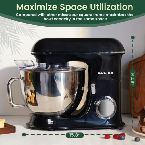 Aucma Stand Mixer,8.5QT 900W Tilt-Head, Large Capacity Kitchen Electric Mixer with Dough Hook, Wire Whip & Beater (Black, 8.5QT) - Image 4