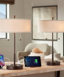 360 Lighting Nikola Modern Accent Table Lamps 23.5" High Set of 2 with Hotel Style USB and AC Power Outlet in Base Bronze Slim Fabric Drum Shade for Living Room Desk Bedroom House Bedside