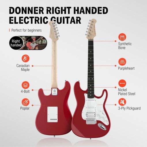 Donner 39-Inch Electric Guitar Starter Kit with Solid Body, HSS Pickup, Accessories, Amplifier, Lessons, and Digital Tuner - Red - Image 5