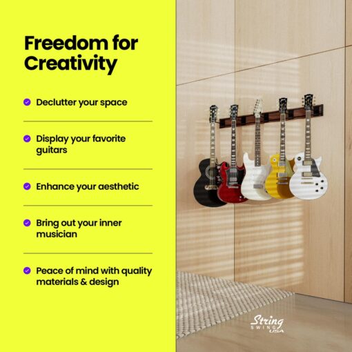 String Swing Guitar Wall Rack, Multiple Guitar Wall Mount, Guitar Organizer for Acoustic & Electric Guitars, 5 Padded Arm Hangers & Black Walnut Slatwall Rail, Wall Mount Guitar Rack - MADE IN USA - Image 2