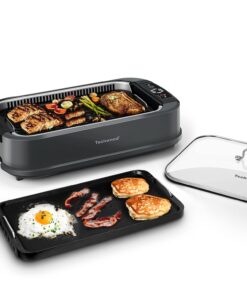 Indoor Smokeless Grill, Techwood 1500W Electric BBQ Grill with Temperature Control, Korean Grill Removable Grill & Griddle Plates, Tempered Glass Lid