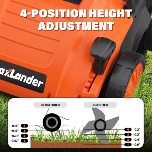 MAXLANDER Electric Dethatcher and Scarifier, 13” 12Amp 2-in-1 Lawn Dethatcher with 4-Position Depth Adjustment, 30L Removable Collection Bag, Airboost Technology Increases Lawn Health - Image 5