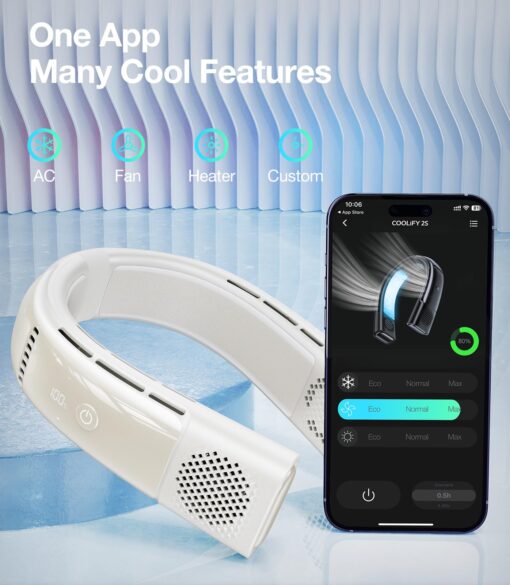 TORRAS COOLIFY 2S Neck Air Conditioner, Portable Personal Cooler and Heater Strong Wind, 3-Speed, App Control Neck Fan Rechargeable, Storm White - Image 3