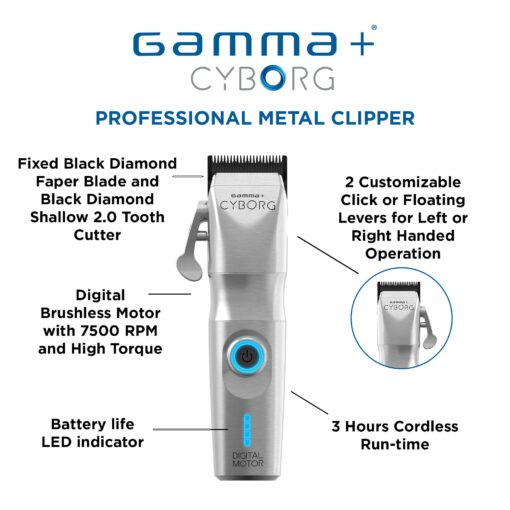 GAMMA+ Cyborg Professional Metal Cordless Ergonomic Hair Clipper with Digital Brushless Motor - Image 3