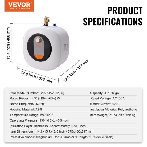 VEVOR Electric Mini-Tank Water Heater, 4-Gallon Tank Hot Water Boiler Storage, 1400W Power, Safety Temperature Pressure Valve Easy Install, for Kichen Bathroom Restaurant, Shelf Wall Floor Mounted - Image 2