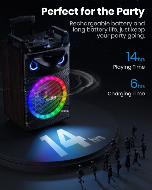 Moukey Karaoke Machine, Wood Pattern 10" Woofer Portable PA System, Bluetooth Speaker with 2 Wireless Microphones, Tablet Holder & Party Lights, Echo/Treble/Bass Adjustment Support REC/AUX/USB/TF - Image 4