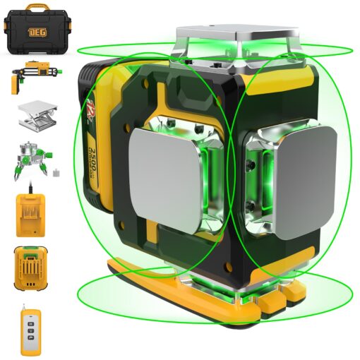 Laser Level 360 Self Leveling,DEGLASERS 4x360 Green Laser Level with 12V Rechargeable Battery(40 Hrs),Remote Control, Magnetic Rotating Stand,Hard Carry Case for Construction