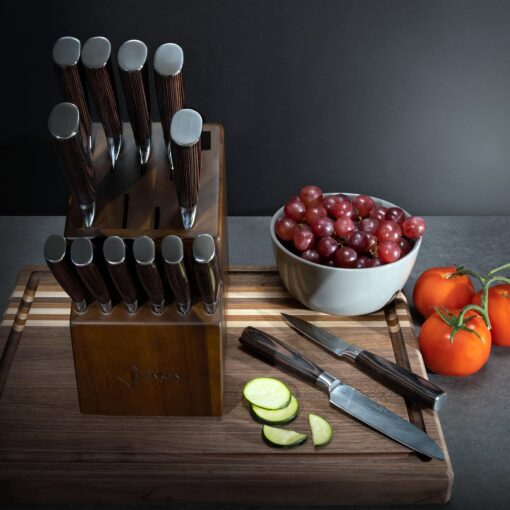 SENKEN 16-Piece Acacia Wood Knife Block Set with Laser Damascus Pattern - Includes Steak Knives, Kitchen Shears, Chef's Knife, Santoku, Cleaver & More - Image 3