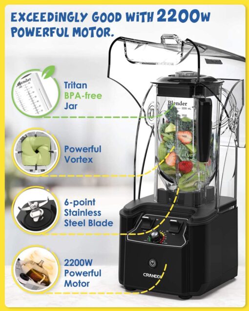 CRANDDI Quiet Commercial Blender with Soundproof Shield, 2200 Watt Professional Blenders for Kitchen with 80oz Jar and Self-Cleaning, High-Speed Blenders K90 Black - Image 5