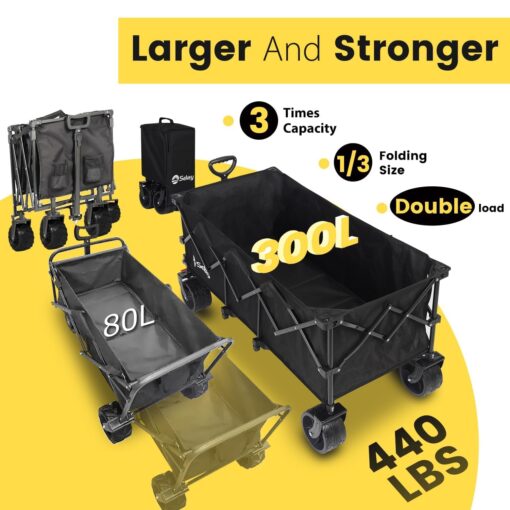 Sekey 48''L Collapsible Foldable Extended Wagon with 440lbs Weight Capacity, Heavy Duty 300L Folding Utility Garden Cart with Big All-Terrain Beach Wheels & Drink Holders. Black - Image 8