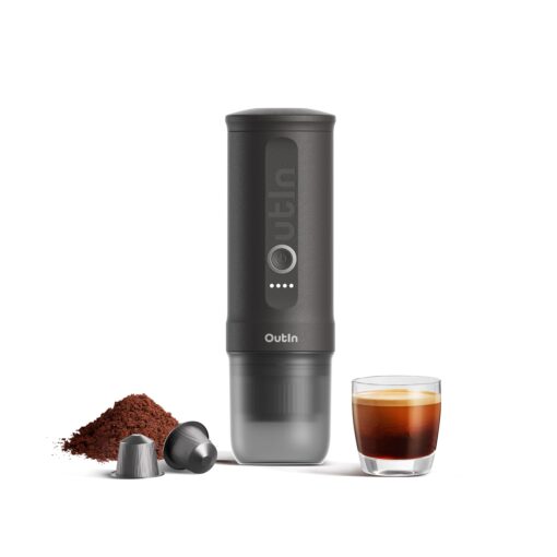 OutIn Nano Portable Electric Espresso Machine, Travel Coffee Maker for Camping, Car Coffee Maker Self-Heating with USB-C, With Ground Coffee & NS Capsule for RV, Hiking, Office