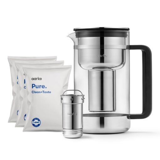aarke Purifier Large - 1.66 L Glass Water Filter Pitcher Bundle, Refillable Stainless Steel Filter, BPA-Free, Includes (3-Pack) Refill Pure Granules, Reduce Heavy Metals