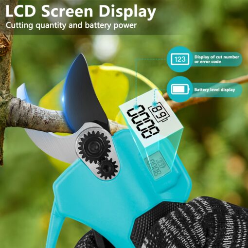 21V 2-in-1 Cordless Pole Pruning Shears, 1.6" Cutting Diameter Electric Pruning Shears with 9 ft Extension Pole, Tree Pruner with 2pcs 2.0Ah Rechargeable Lithium Battery, LCD Display Screen SK7 Blades - Image 5